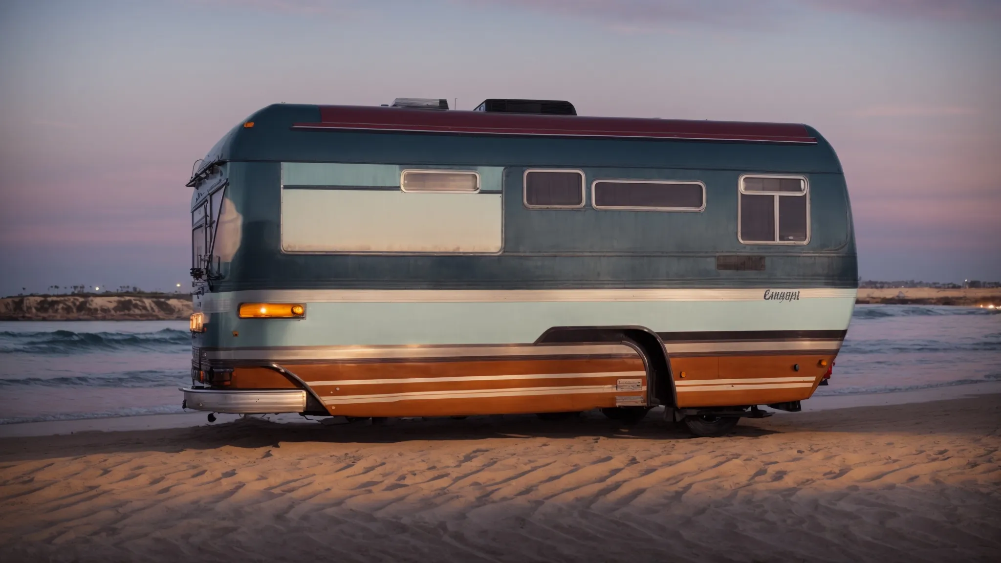 an rv parked beside the calm waters of a san diego beach at sunset.