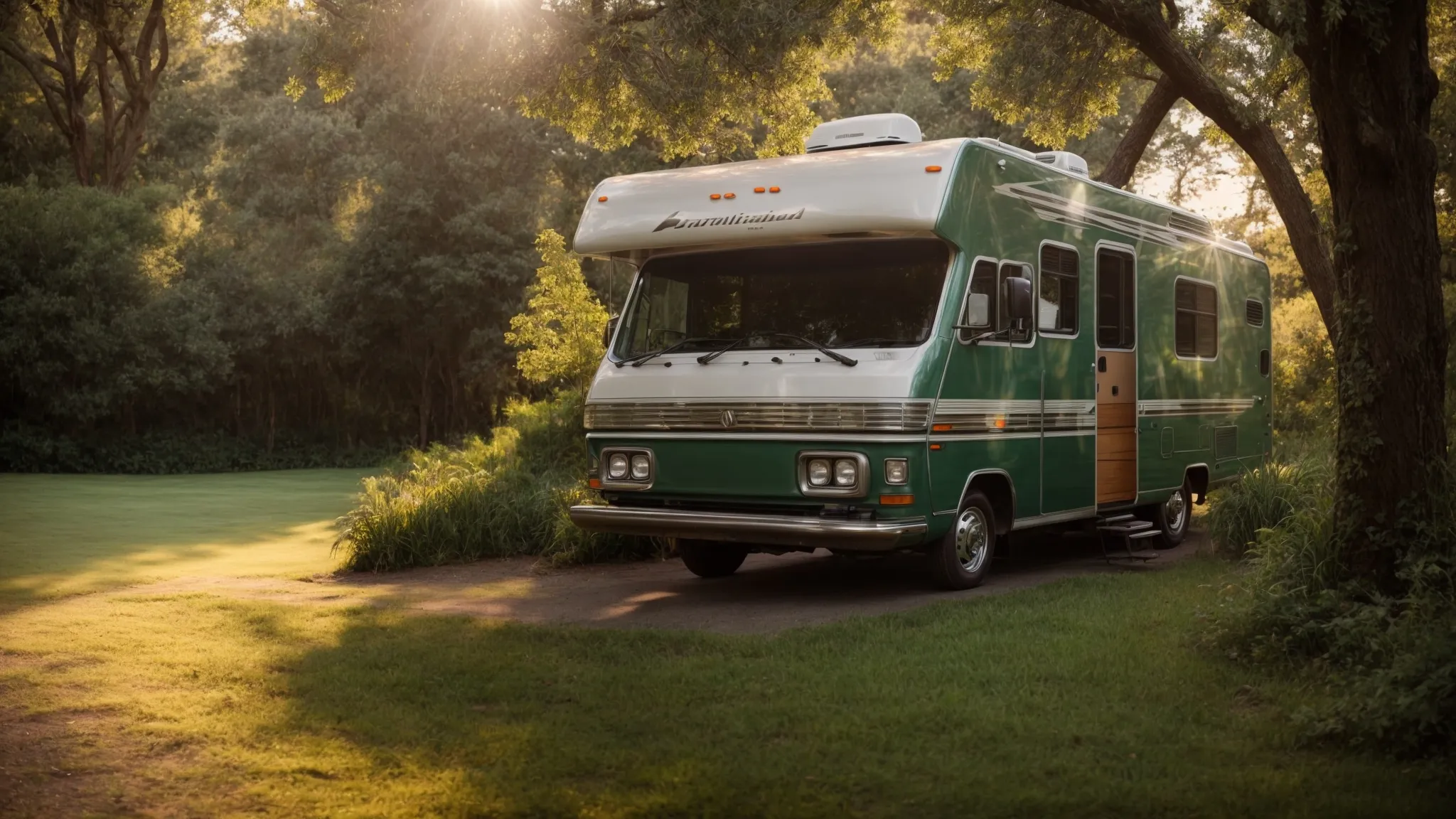 an rv nestled in a picturesque, tranquil park surrounded by lush greenery and a setting sun.