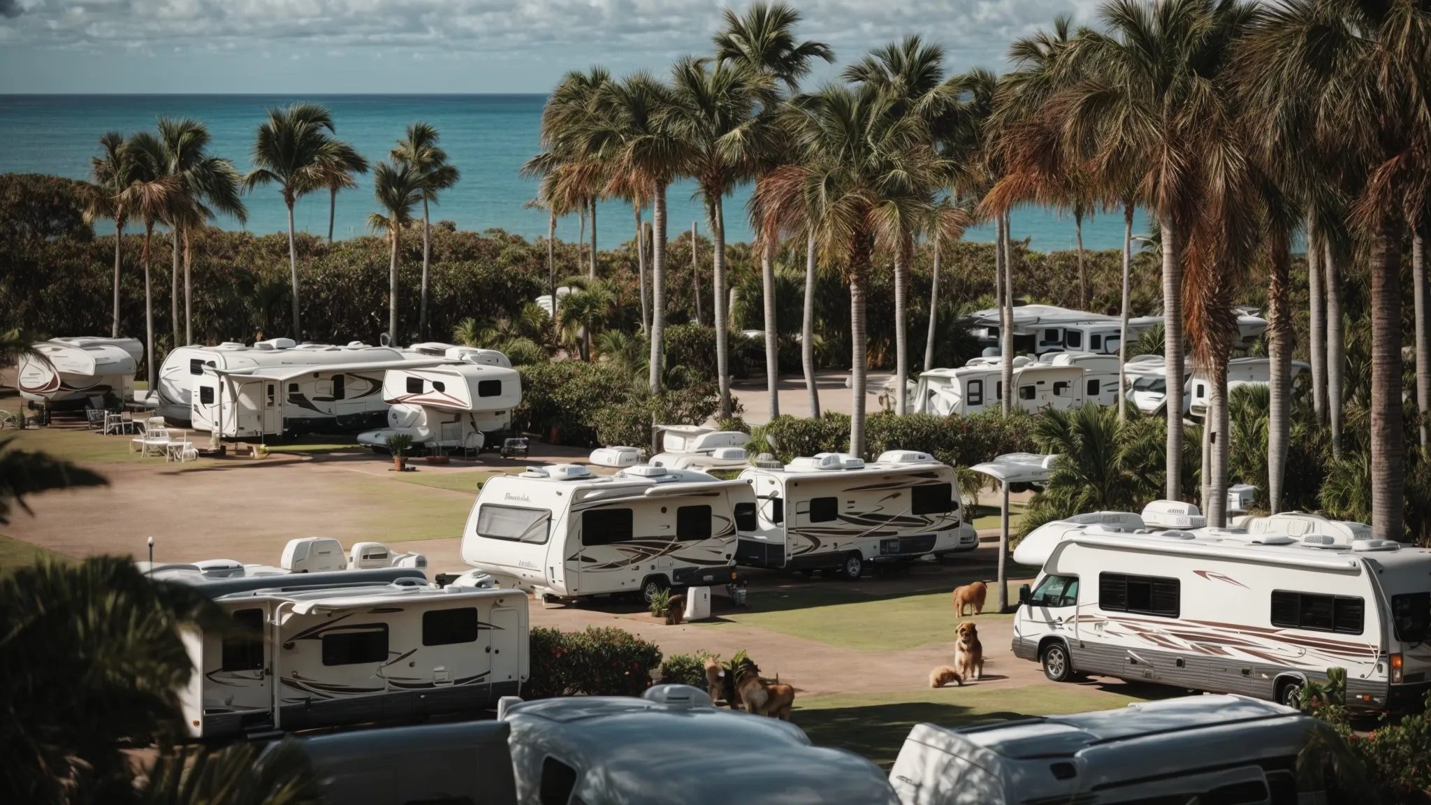 a scenic rv park overlooking the ocean with a designated dog play area and several rvs settled among palm trees.