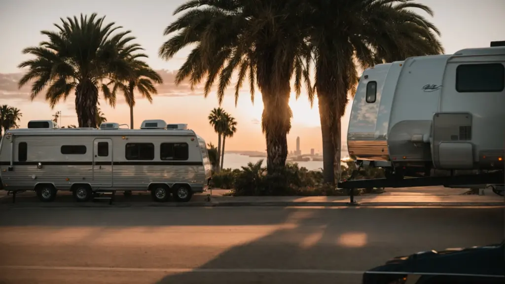 recreational vehicles parked amidst palm trees with a view of the san diego skyline in the distance at sunset.