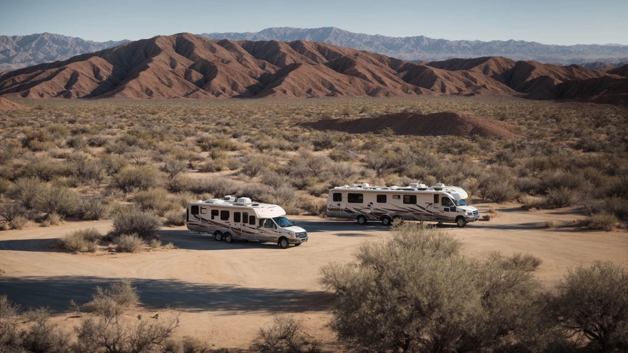 an rv parked amidst the desert landscape with expansive views of anza-borrego state park under a vast blue sky.