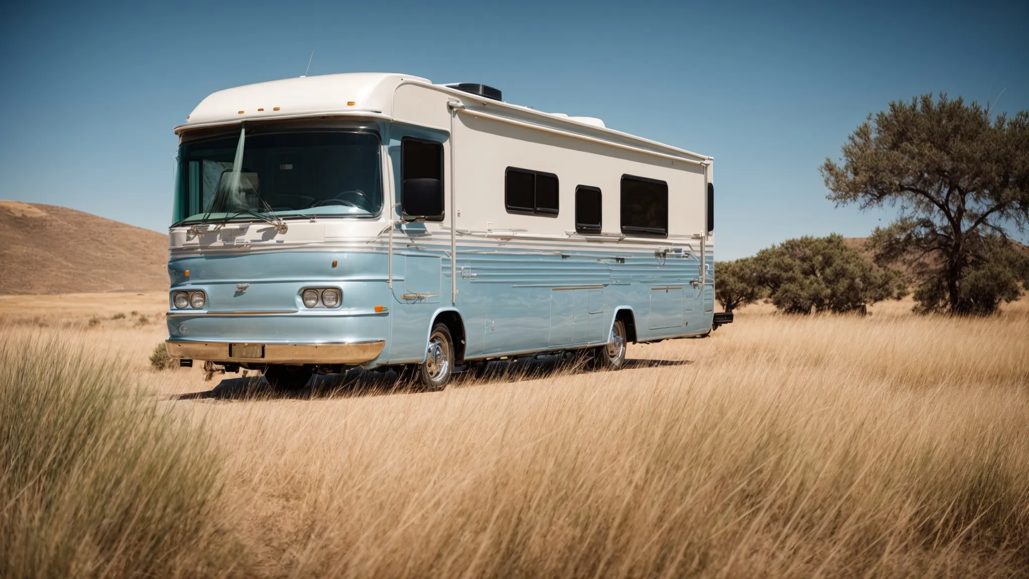 an rv sits serenely under the expansive blue sky amidst the golden california grasslands, a hidden gem of tranquility away from the bustling coast.