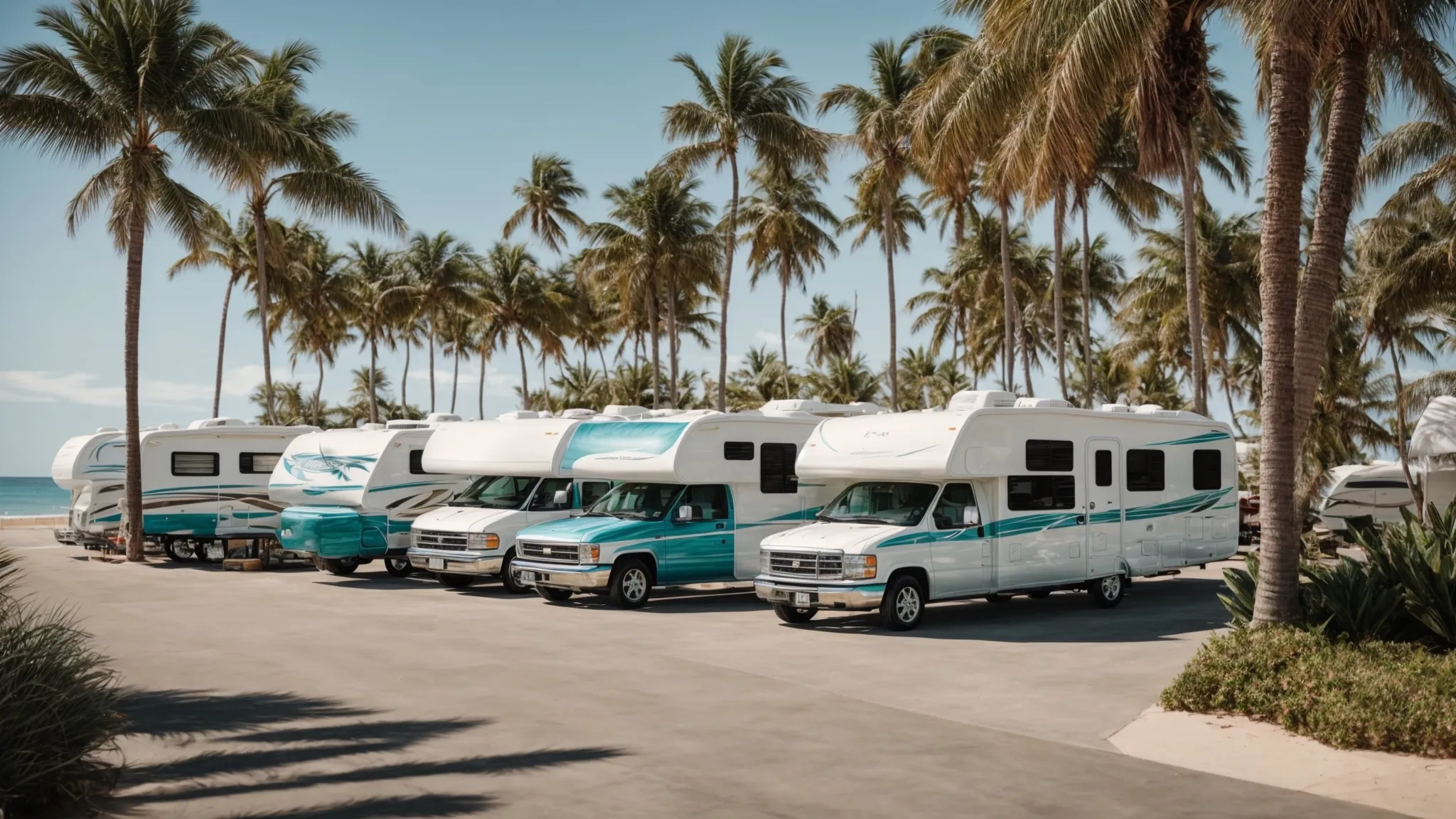 an array of rvs nestled amidst palm trees with a view of the shimmering ocean under a clear blue sky.