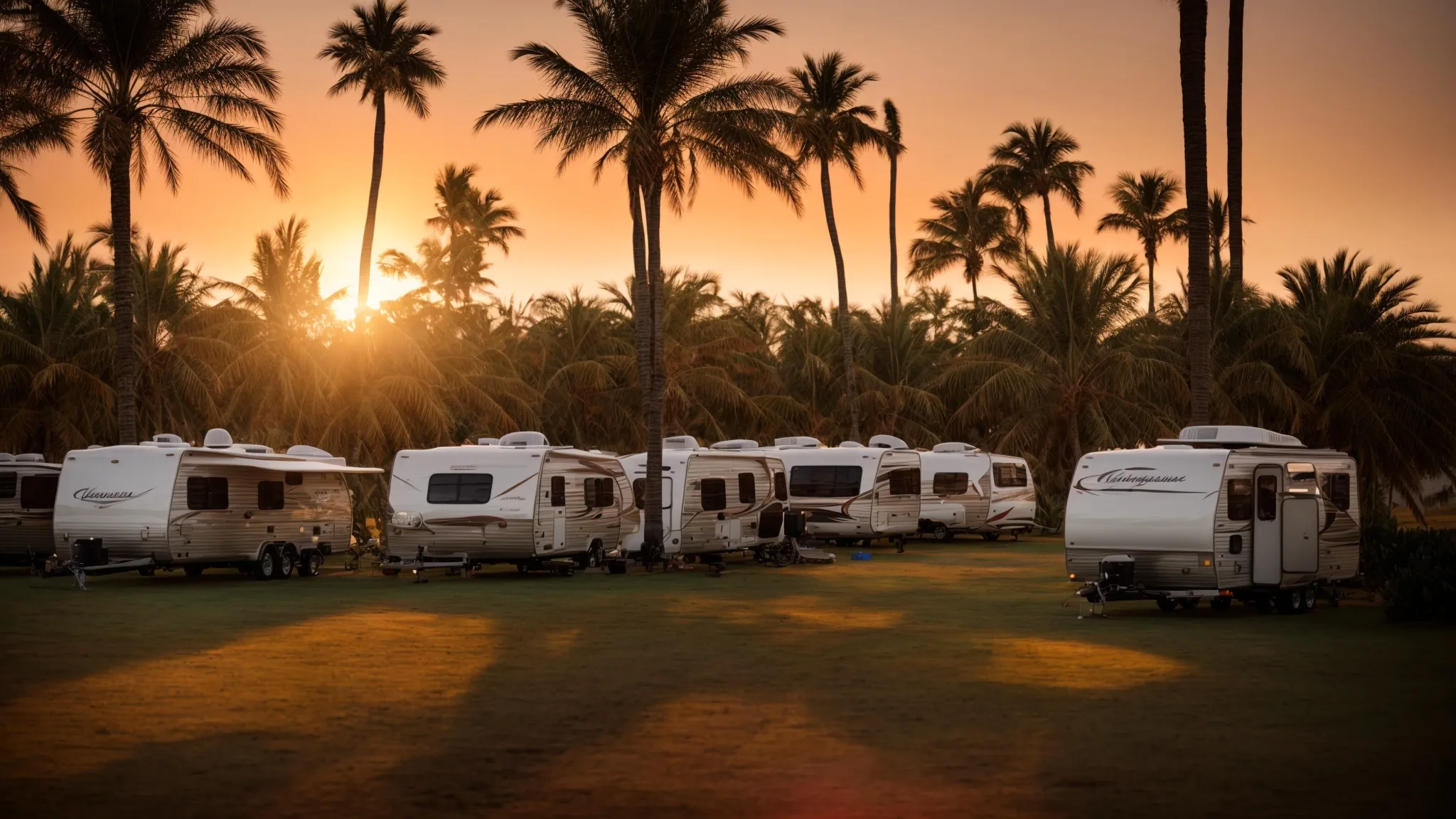 a caravan of rvs nestled among palm trees, with glimpses of the ocean under a radiant sunset.