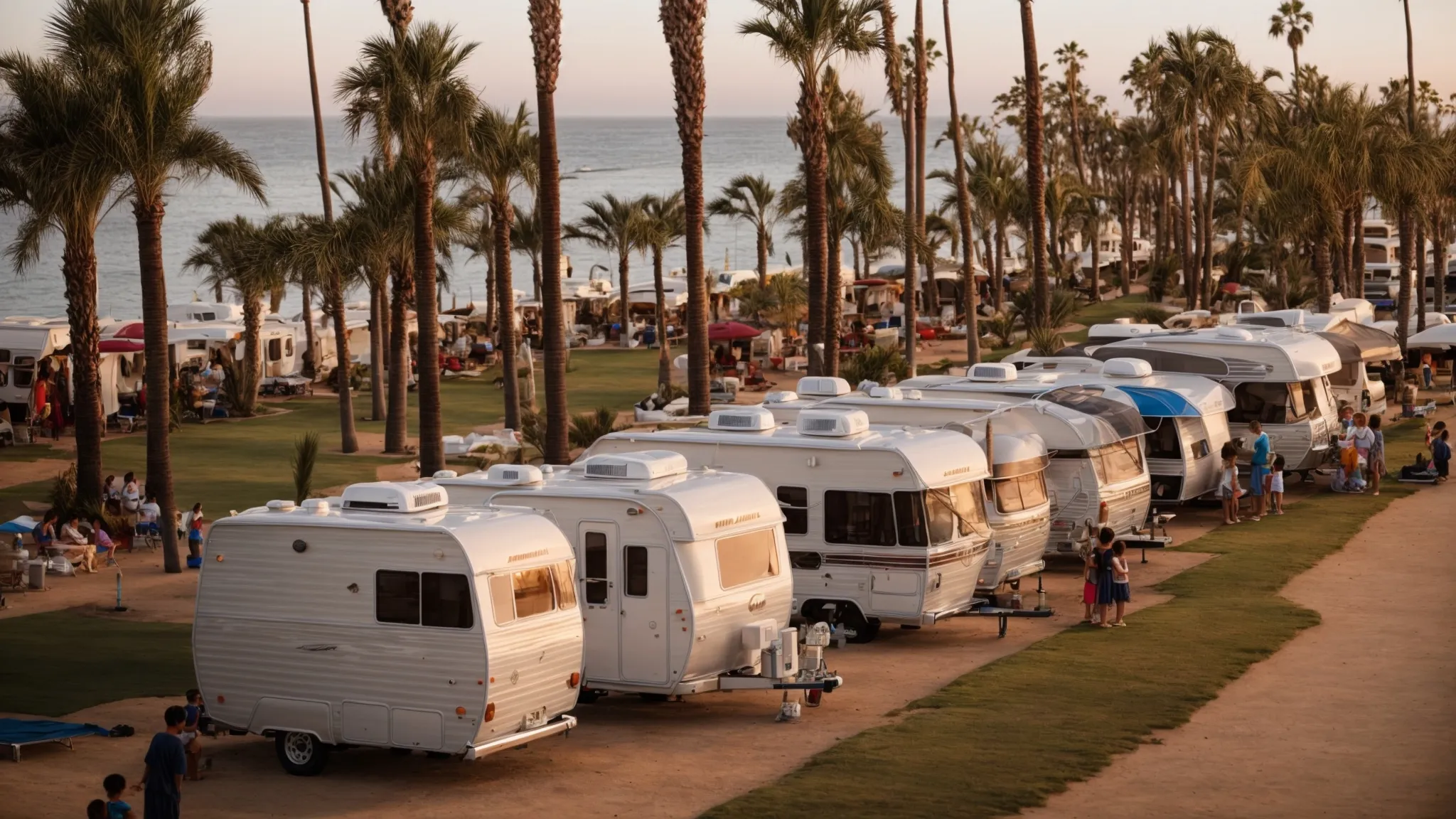 picture a row of rvs parked by the sparkling san diego shoreline, with families enjoying barbecues amidst palm trees under a warm sunset.