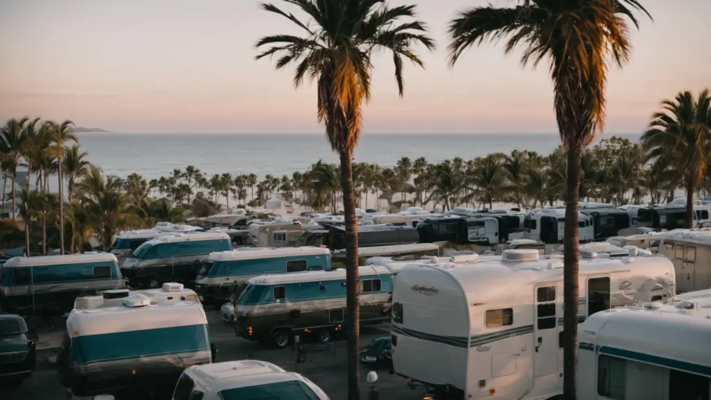 rvs nestled between palm trees with a view of the san diego coastline at sunset.