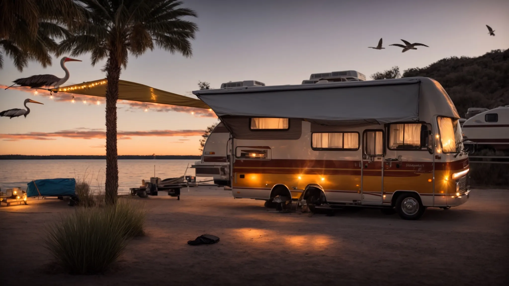 an rv parked by a serene lake with pelicans flying overhead at sunset.