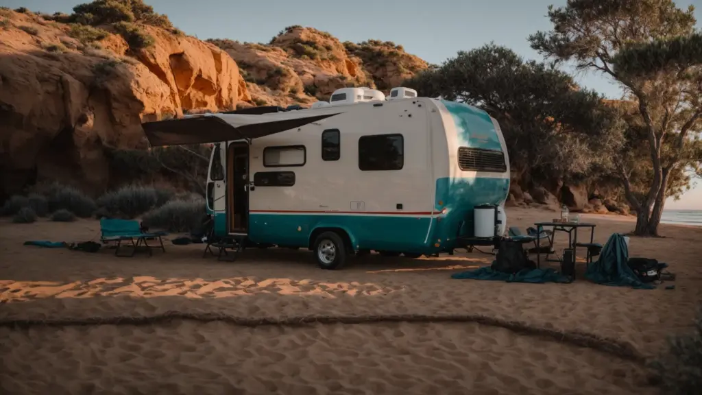 an rv parked beside a tranquil beach as the sunset paints the san diego sky with vibrant hues.