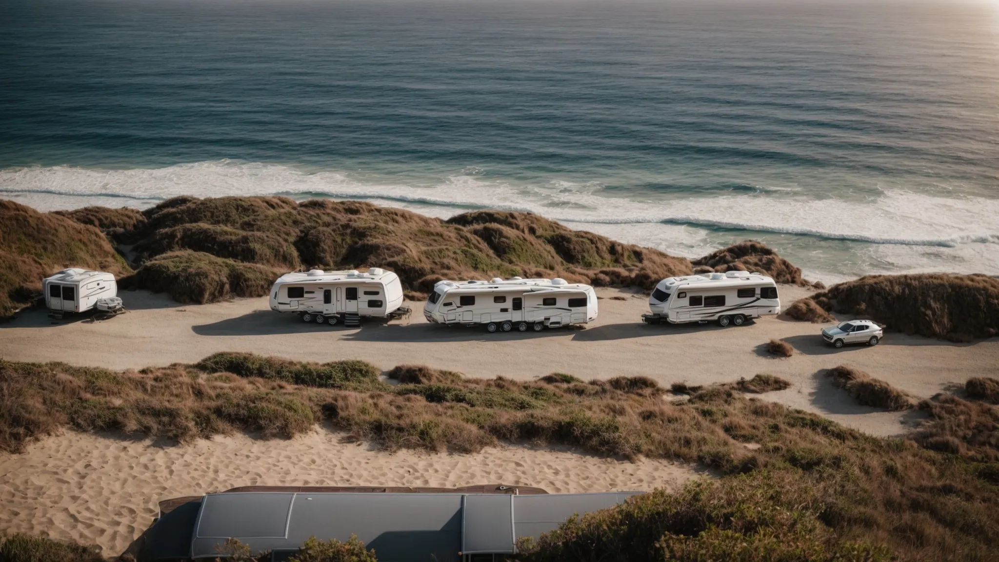 rvs are parked along a picturesque beach, with the glimmering pacific ocean stretching into the horizon and the warm glow of a californian sunset.