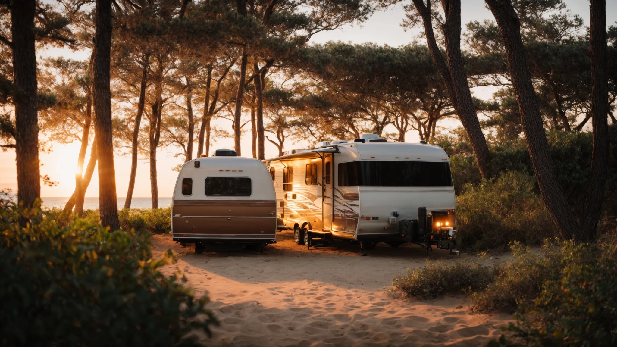 an rv nestled among shady trees overlooking a tranquil, secluded beach at sunset.