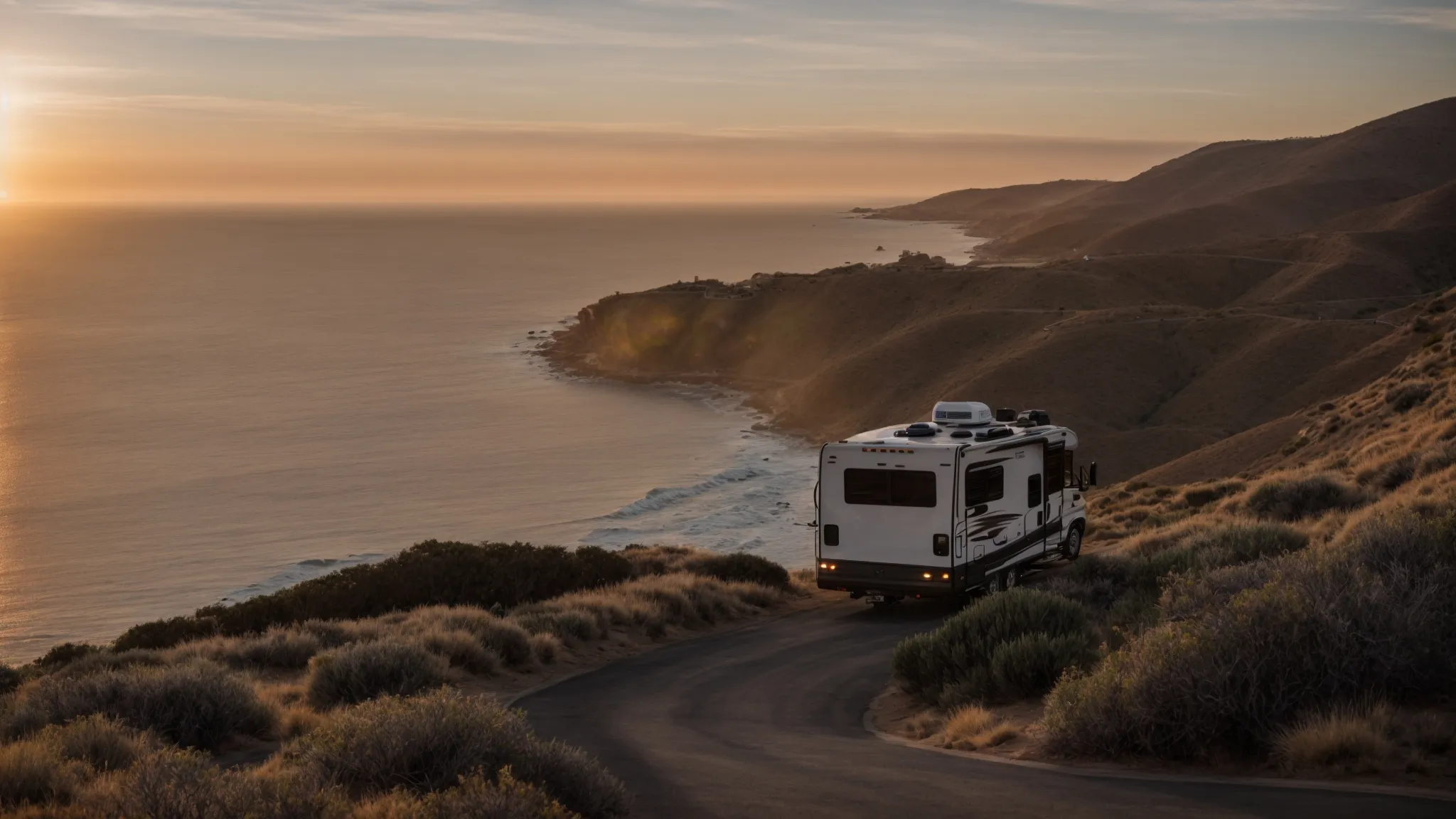 an rv parked at a scenic overlook with views of the sunset over the san diego coastline.