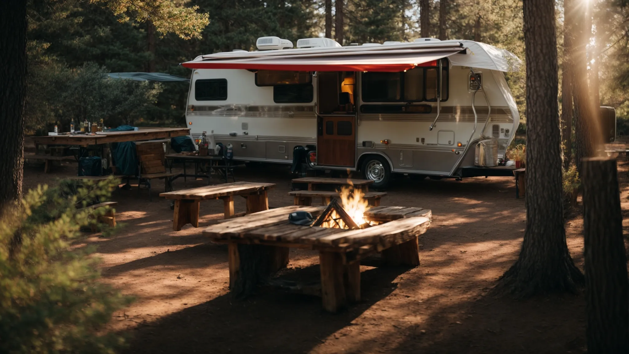 a sunlit rv campsite with a simple awning, a picnic table, and a fire pit nestled among trees.