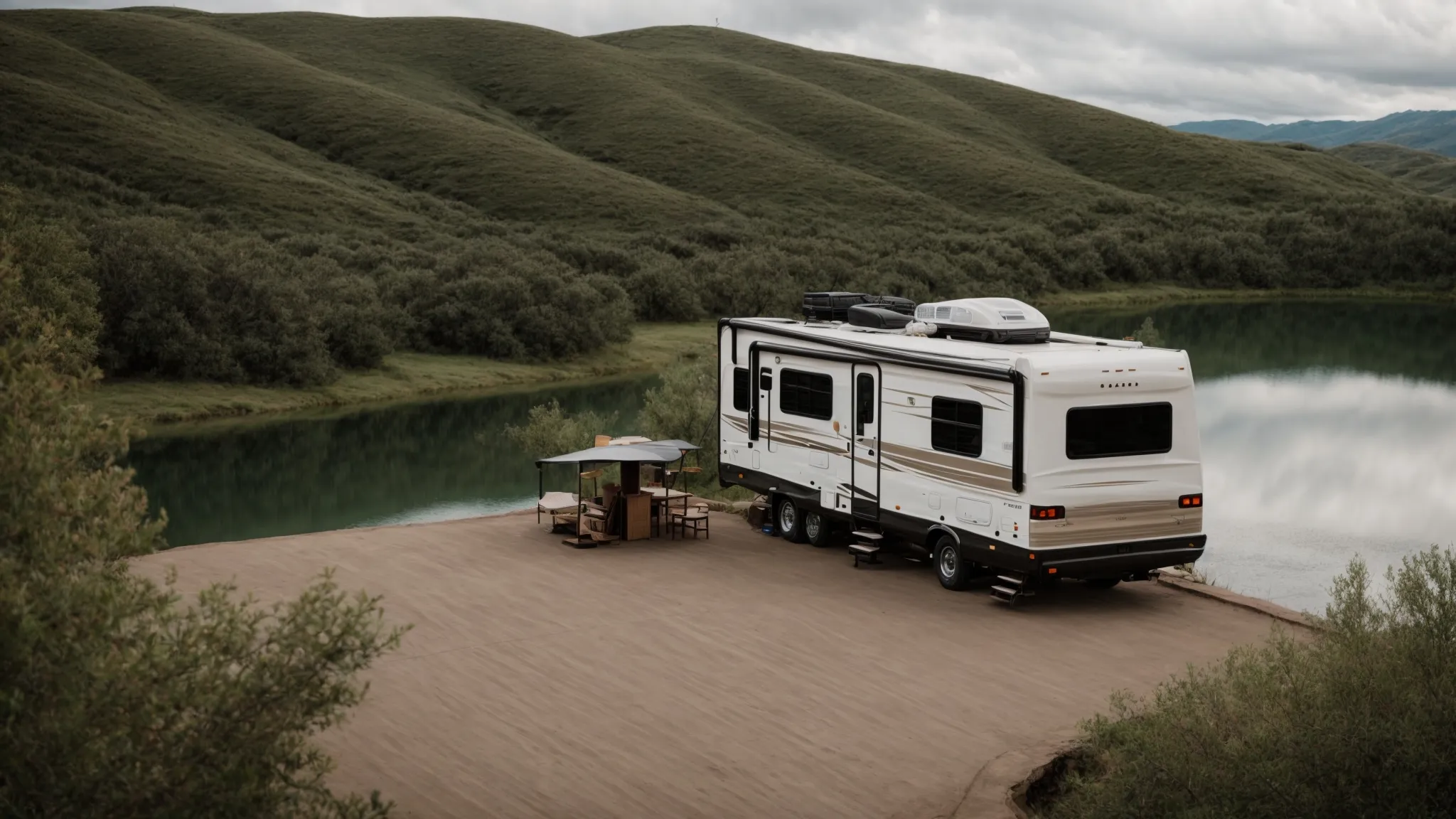 an rv parked on an elevated overlook with sweeping views of a tranquil lake surrounded by rolling hills and lush nature.