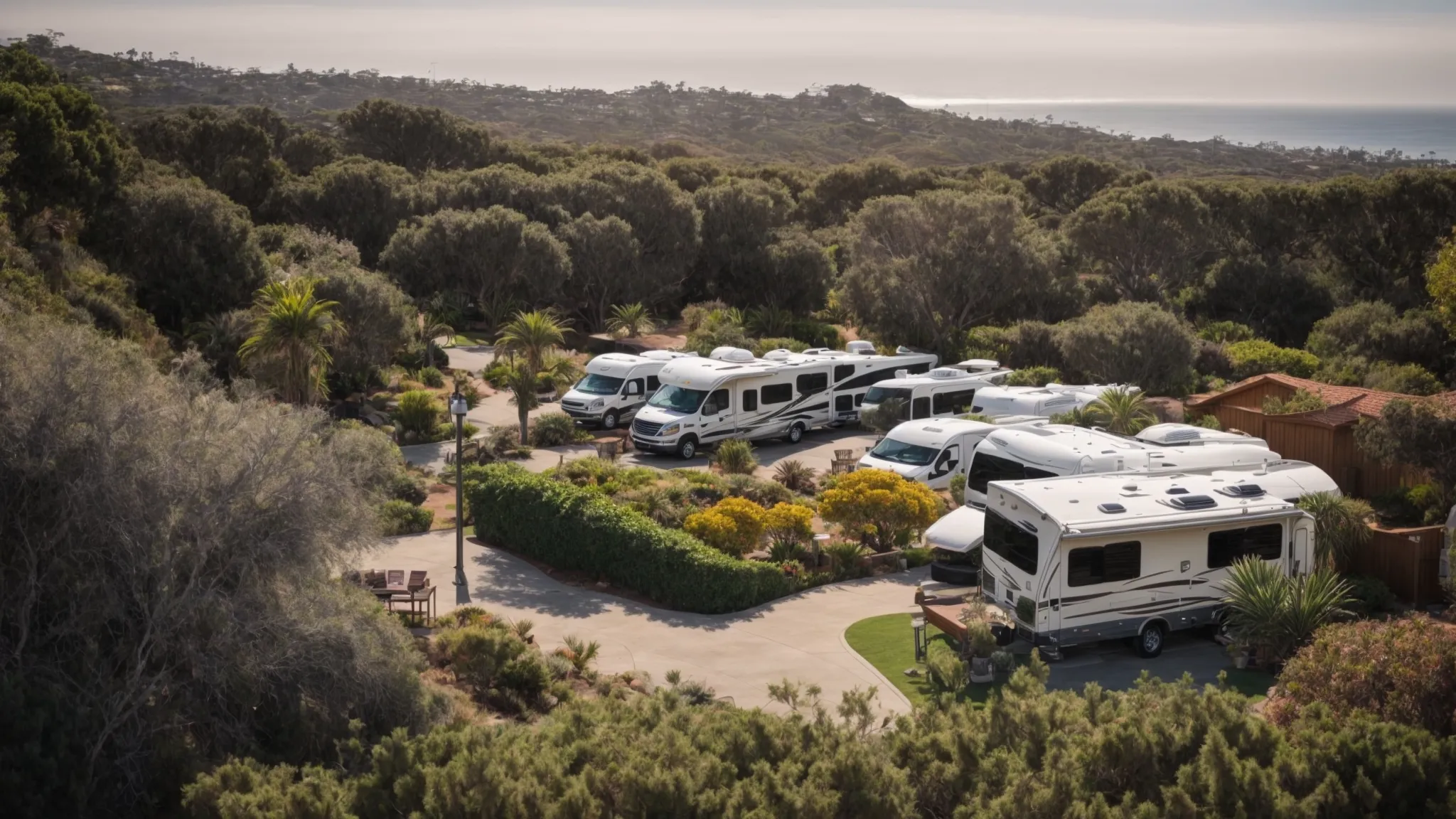 a panoramic view of an upscale rv park in san diego, featuring lush greenery and premium outdoor amenities under a sunny sky.
