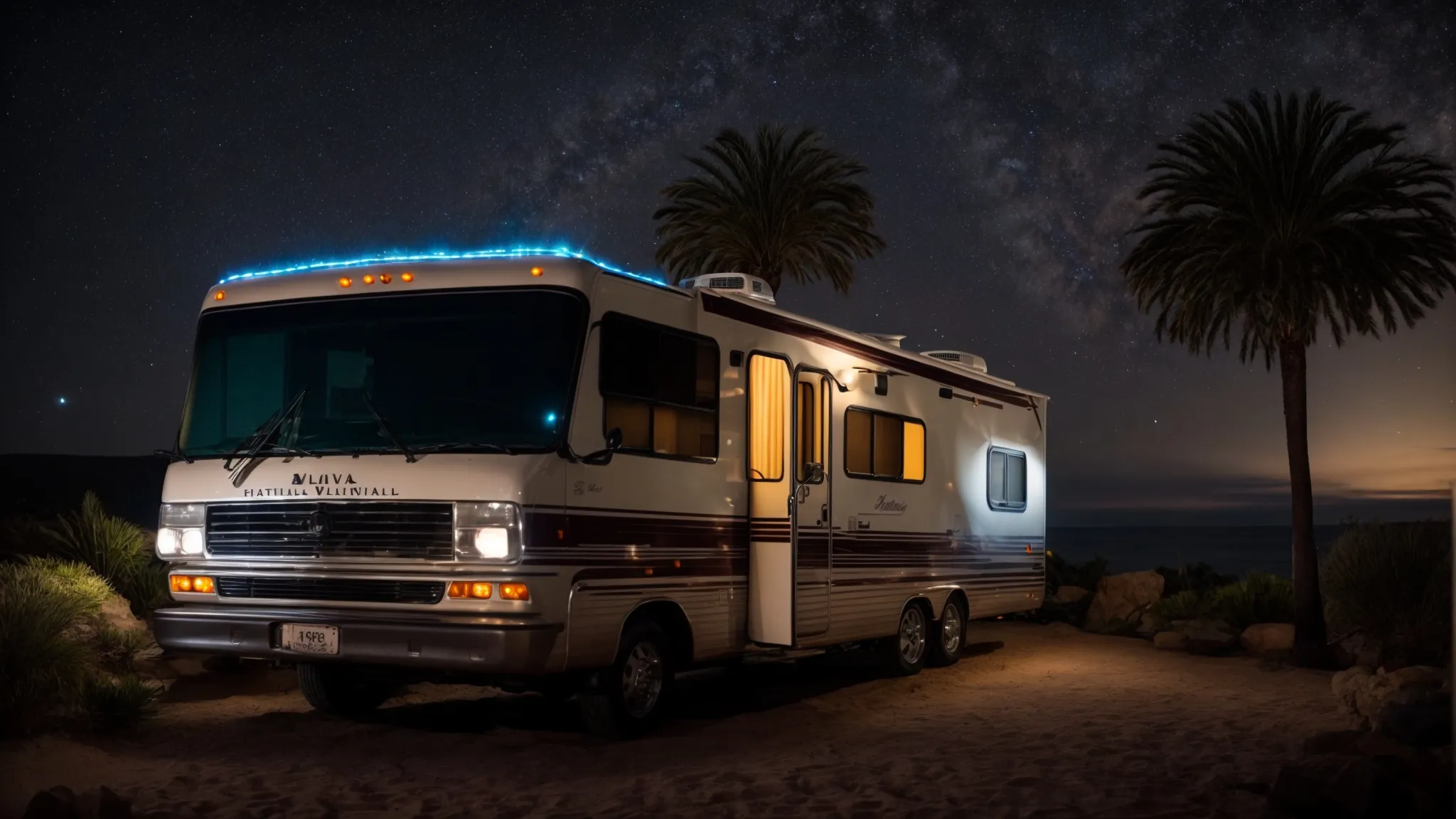 an rv parked under a starry sky amidst luxurious resort amenities in the heart of san diego's natural beauty.