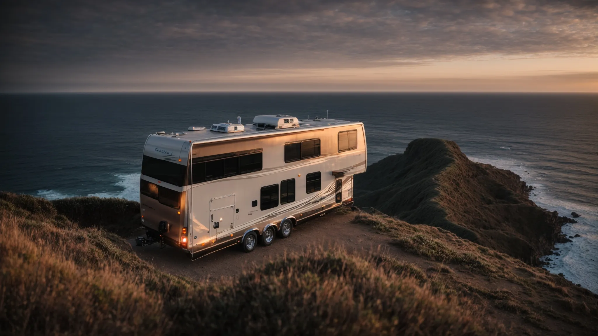an rv nestled on a cliffside overlooks the expansive pacific ocean at sunset.