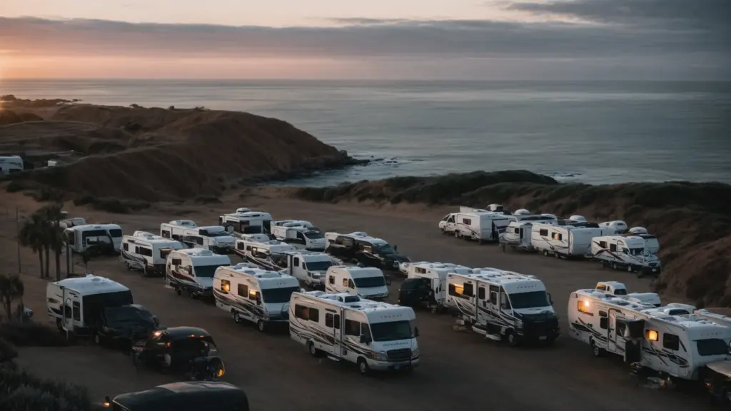 a fleet of rvs parked along the picturesque san diego coastline with the sun setting over the ocean.