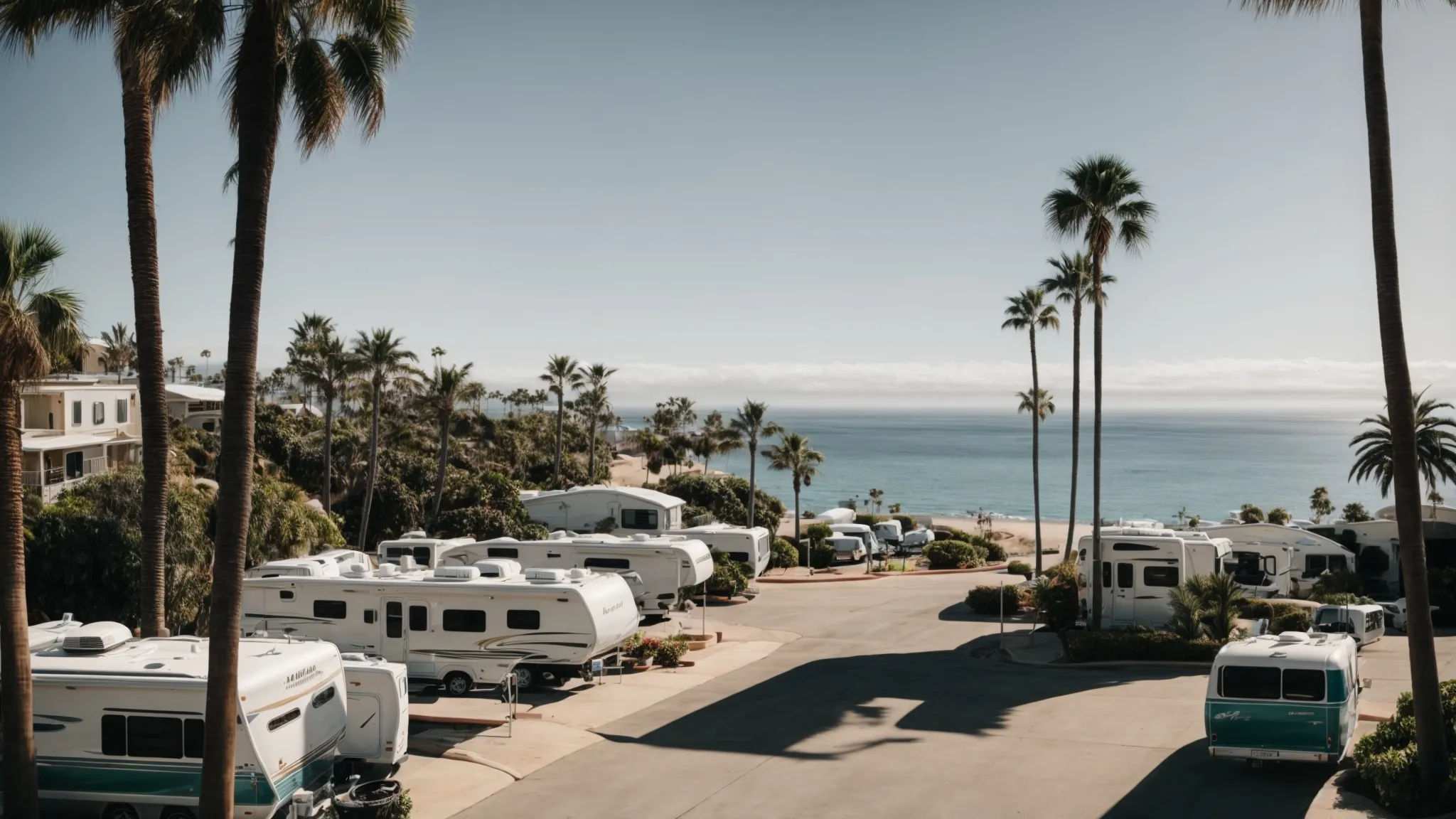 a panoramic view overlooking a series of rvs nestled among palm trees with the pacific ocean gleaming under the san diego sun.