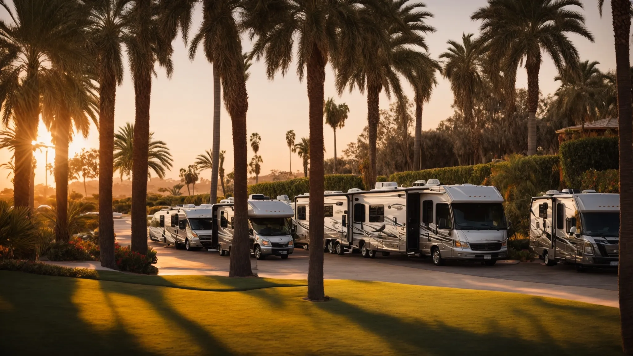 sunset over the lush grounds of a high-end rv resort near the water in san diego, with deluxe motorhomes parked amid palm trees.