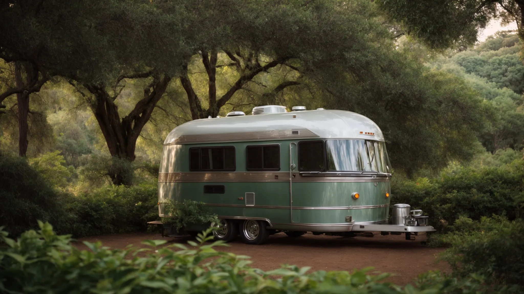 a cozy rv parked amidst lush greenery overlooking a serene park landscape.