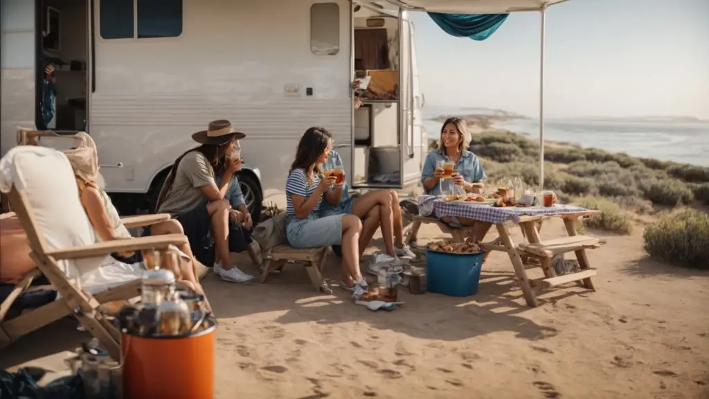 a family enjoys a barbecue outside their spacious rv overlooking the scenic coastline of a san diego rv park.