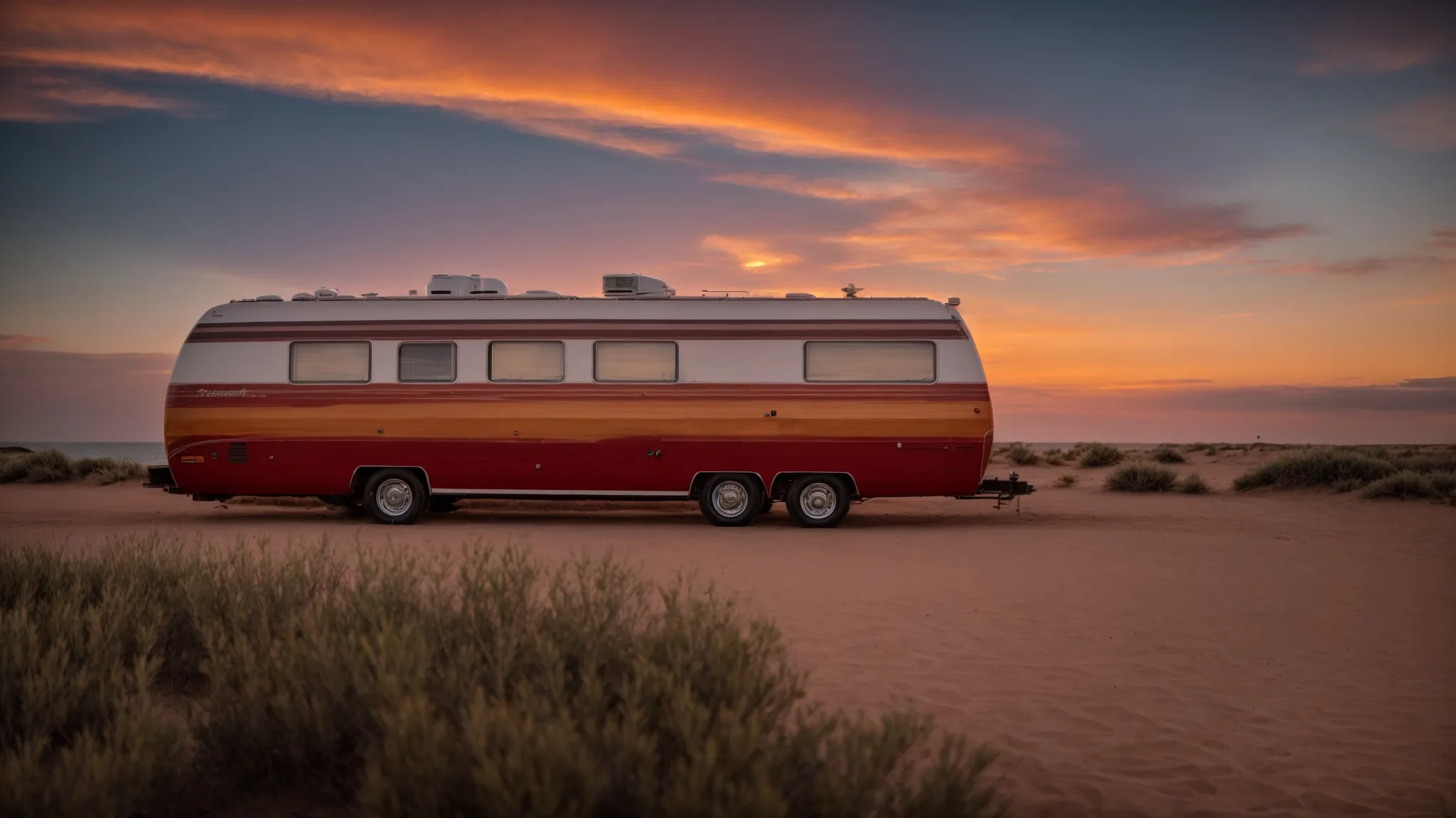 an rv sits perched by the tranquil sea as the sun dips below the horizon, painting the sky in warm hues.