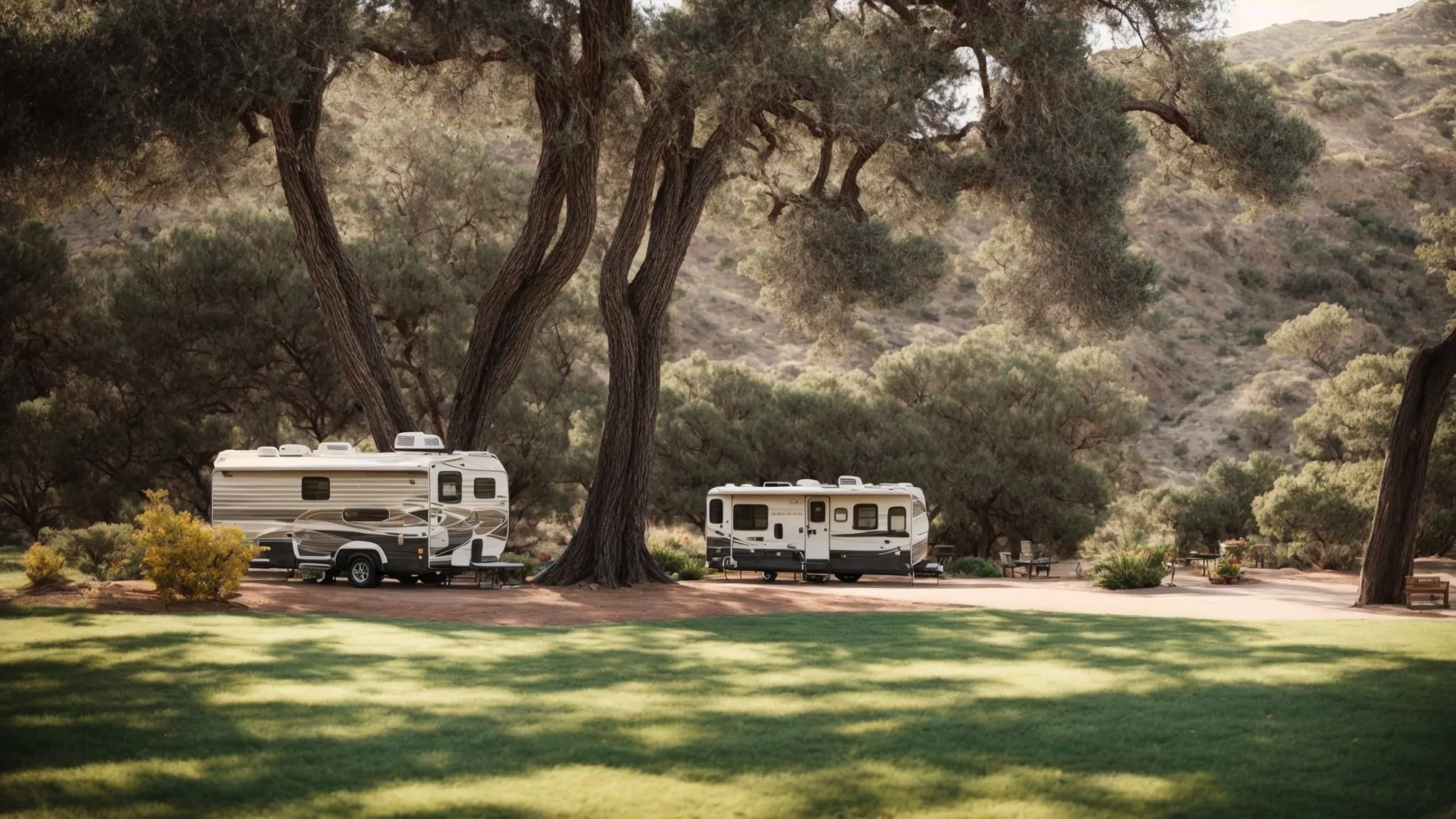 an idyllic san diego park scene with a recreational vehicle parked amidst nature, signifying affordable adventure.