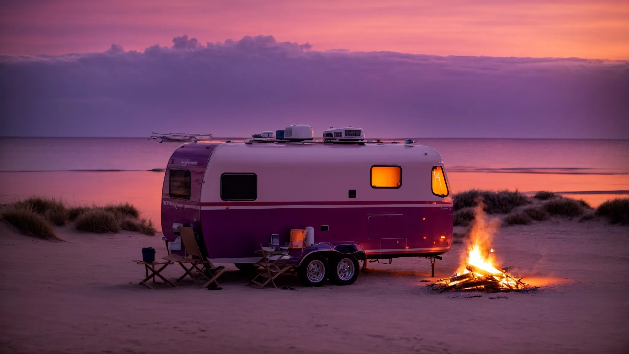 a campfire flickers near a parked rv on a secluded beach as the sunset paints the horizon in hues of orange and purple.
