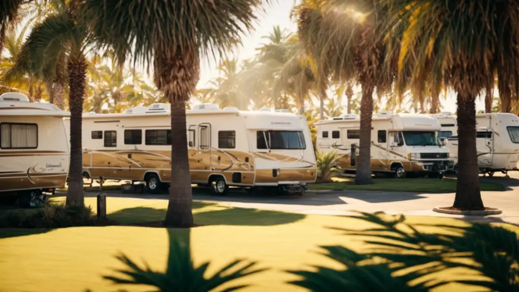 recreational vehicles parked in neat rows at a picturesque san diego rv park bathed in golden sunshine with palm trees swaying gently in the background.