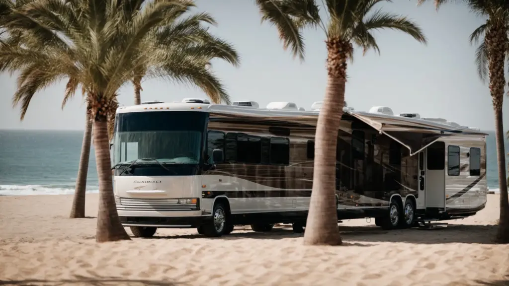 a luxury rv sits against a backdrop of palm trees with a glimpse of the ocean in a serene san diego rv resort.