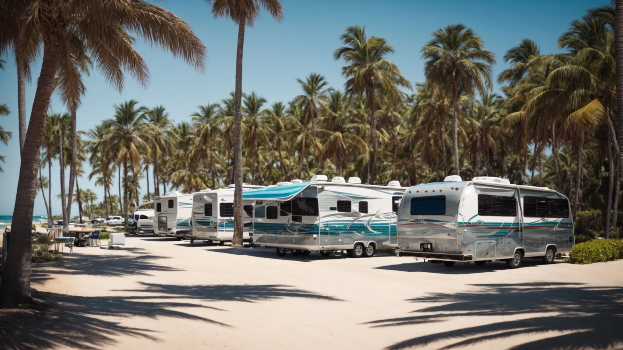 a scenic rv park with numerous parked rvs amidst palm trees, close to a serene beachfront under a clear blue sky.