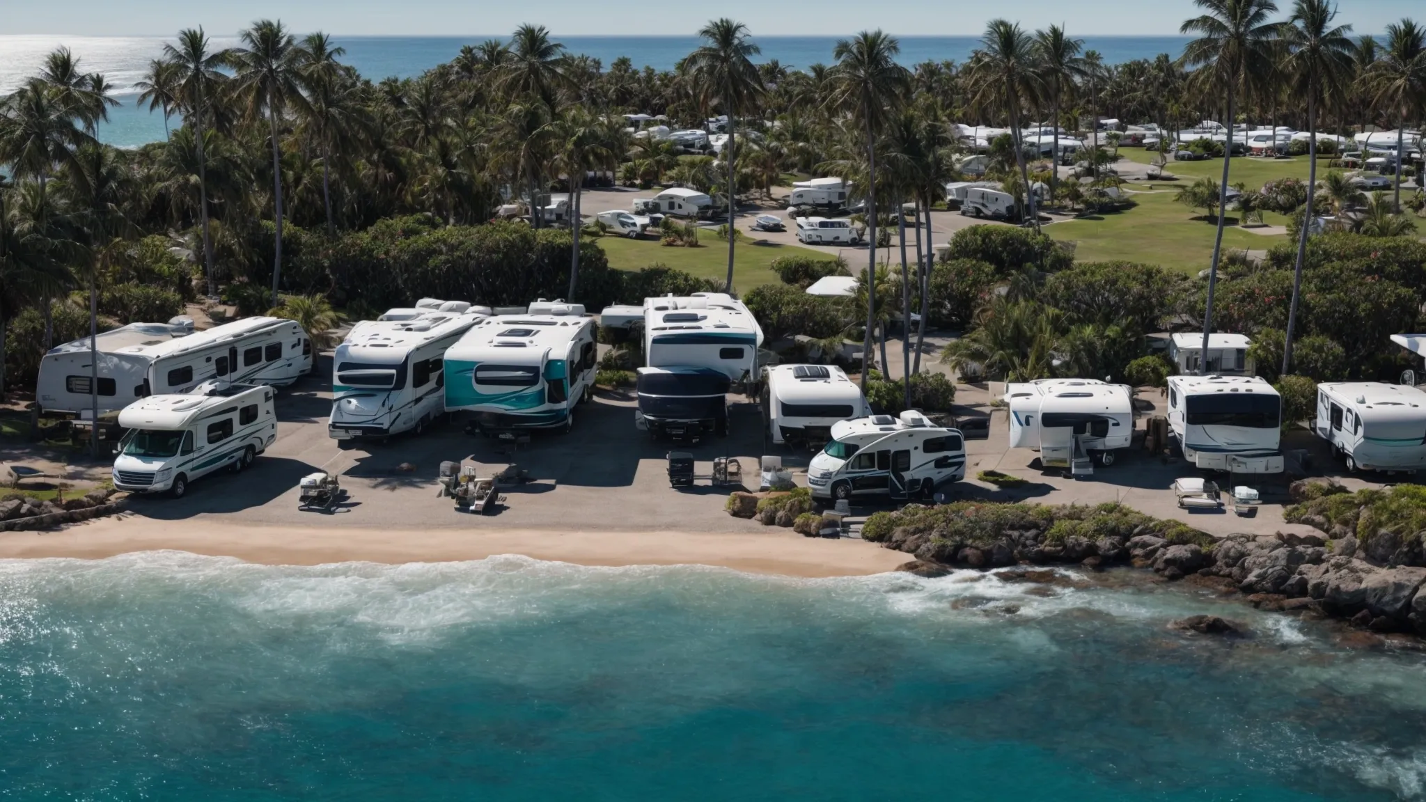 a sprawling rv park overlooking the pacific ocean under a clear blue sky, dotted with modern recreational vehicles near palm trees and picnic tables.