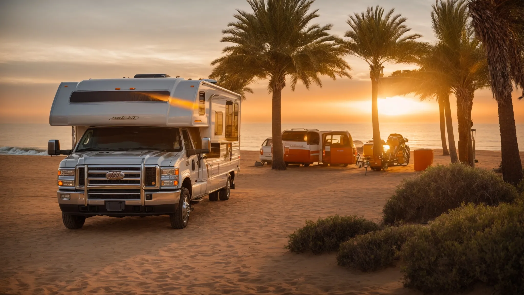 recreational vehicles are neatly arranged under the warm glow of the setting sun, with the pacific ocean's gentle waves in the foreground.