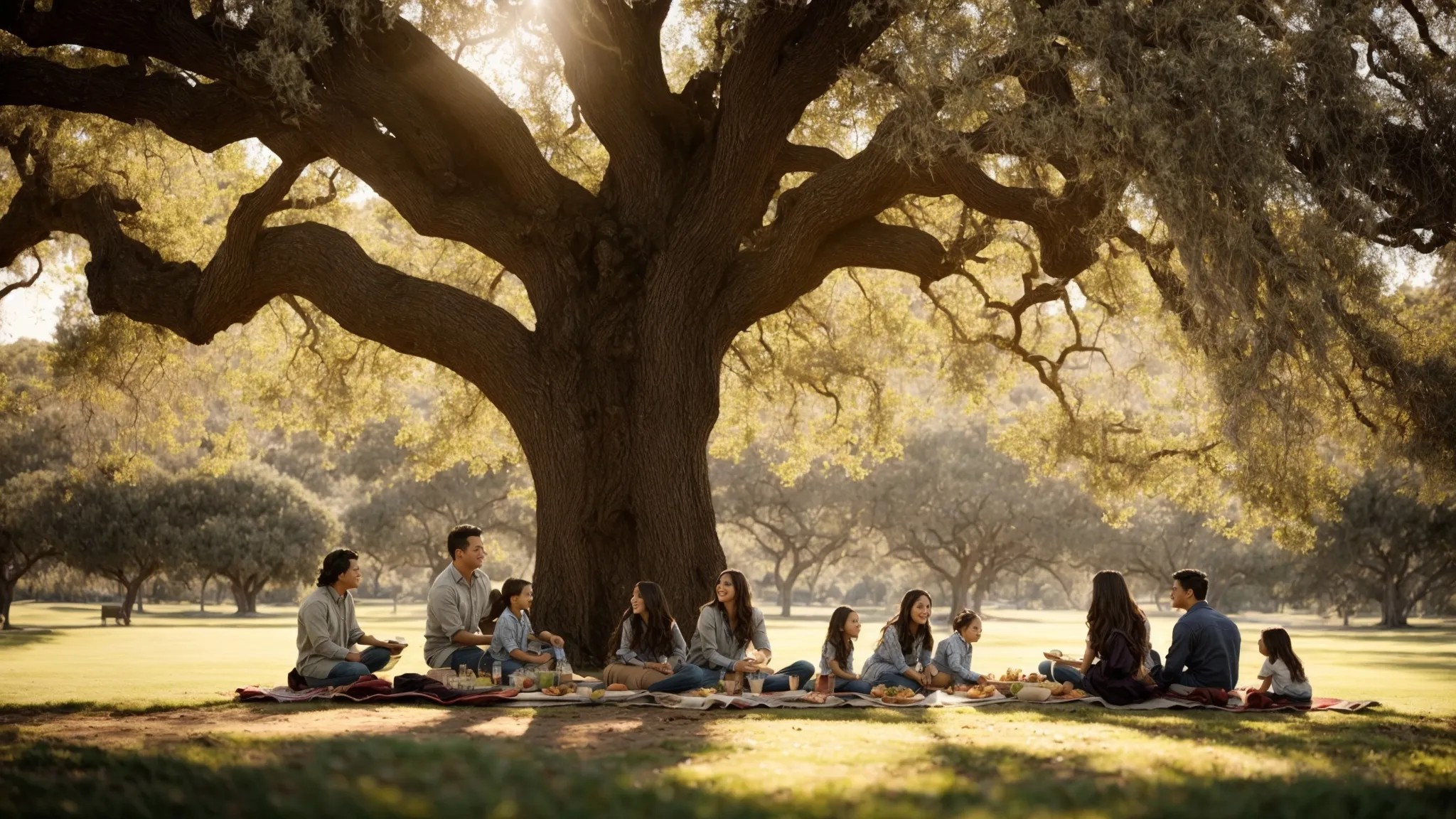 a family enjoys a picnic under the sprawling branches of a majestic oak in a sunlit san diego park.