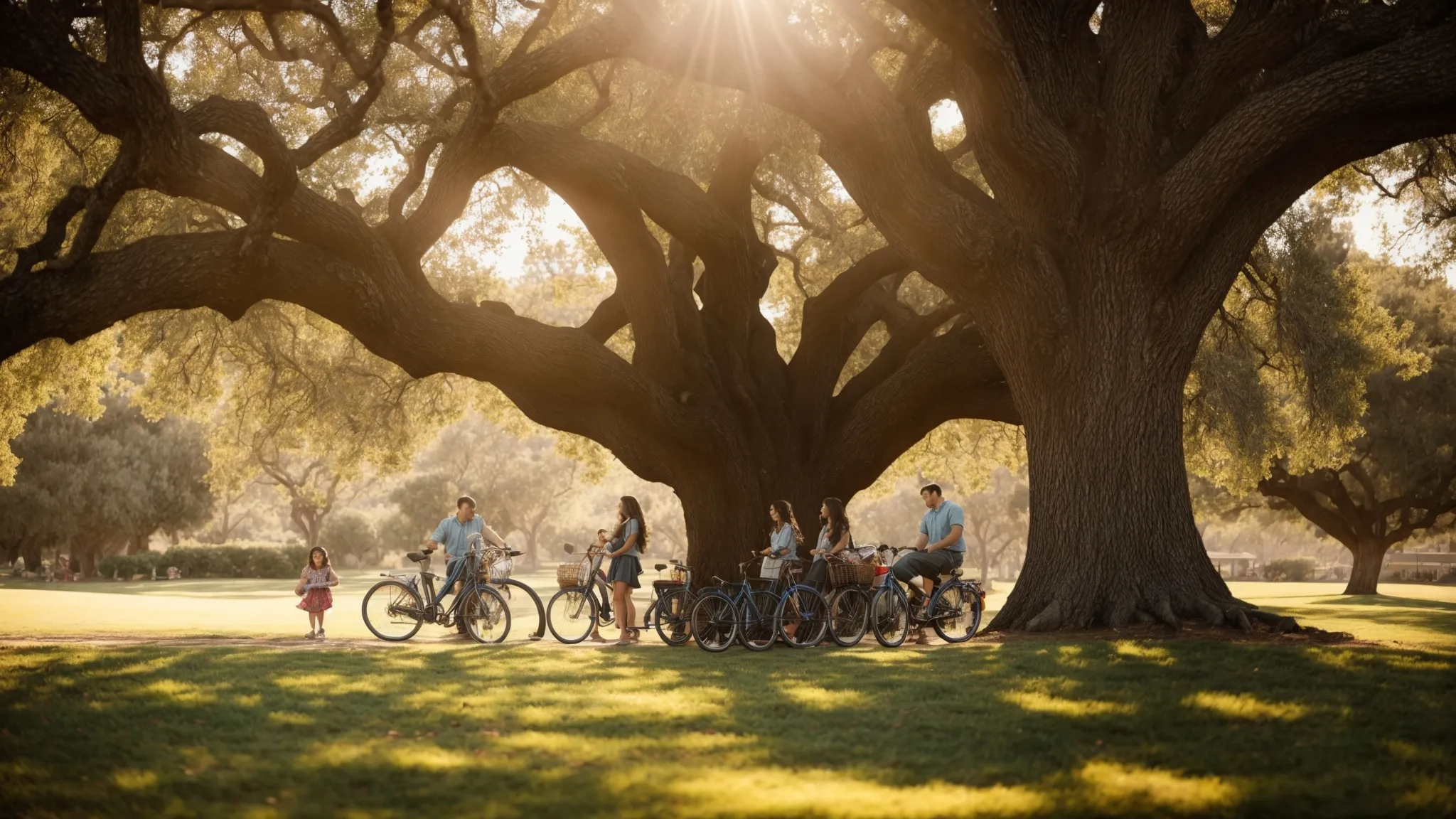 a family enjoys a picnic under a sprawling oak tree with their bicycles nearby in a sunlit san diego park.