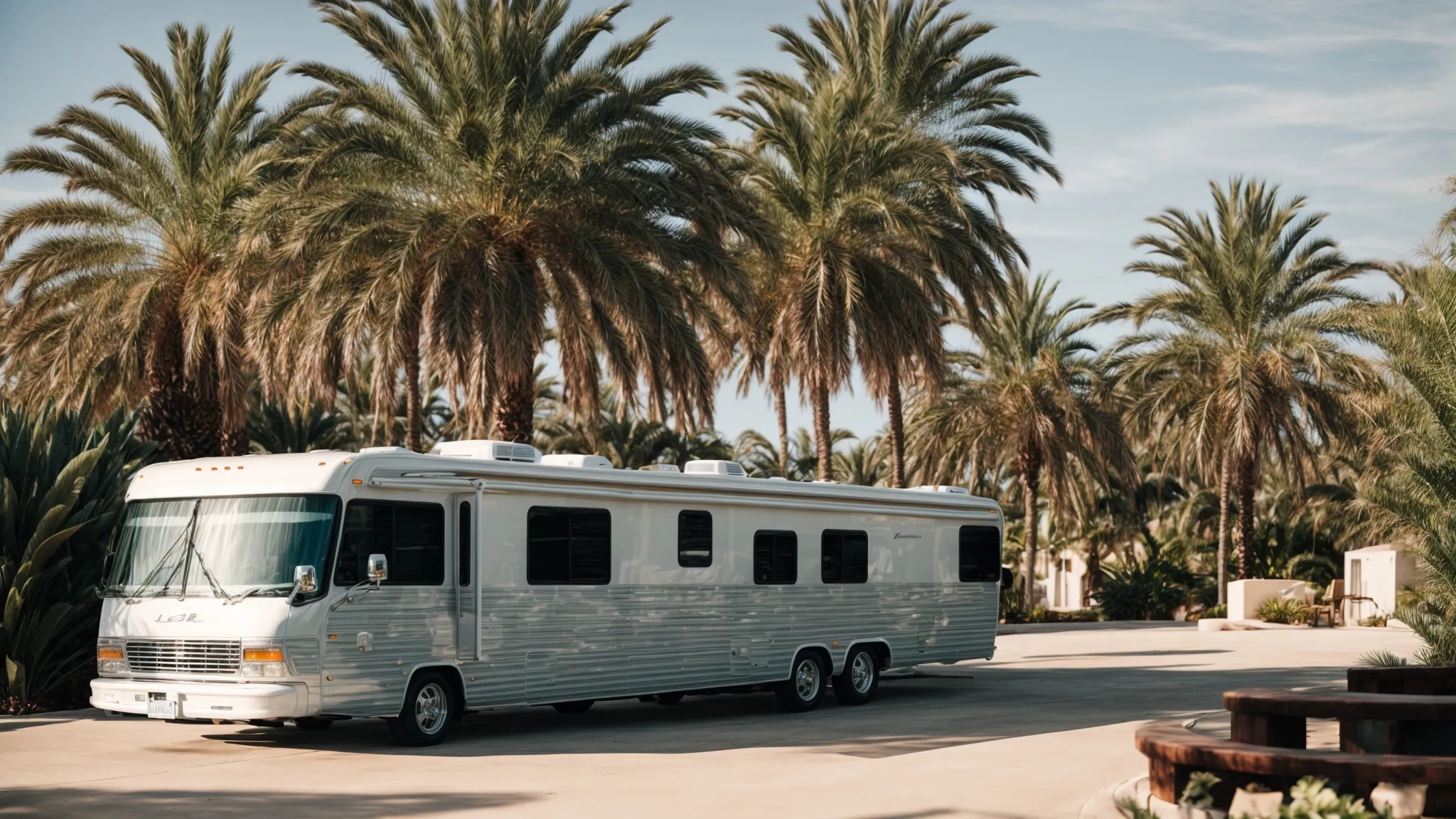 a gleaming rv parked beside a sparkling pool surrounded by palm trees, with a backdrop of the picturesque san diego coastline.
