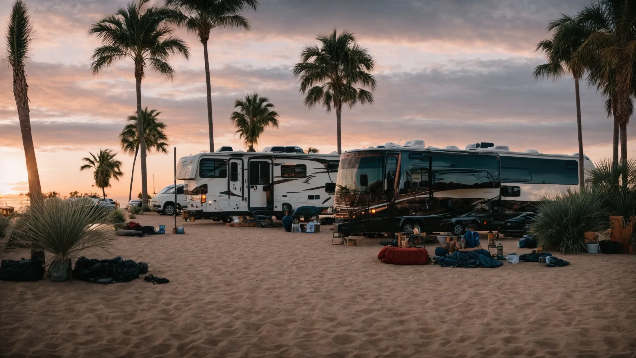 palm trees sway gently over an expanse of cozy, nestled rvs under a brilliant californian sunset at the san diego rv resort.