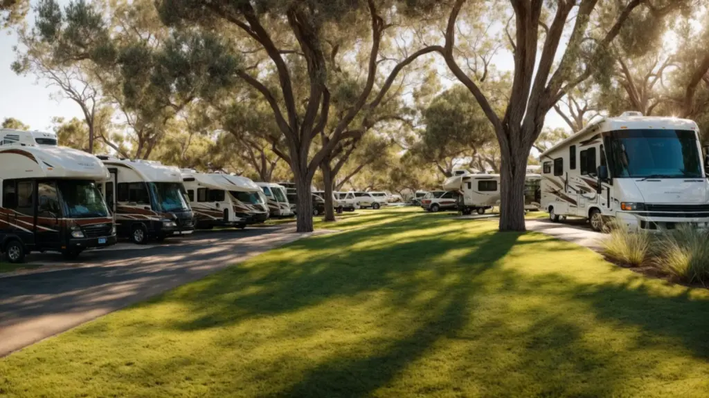 a row of assorted recreational vehicles parked in a sunlit san diego park with lush greenery.