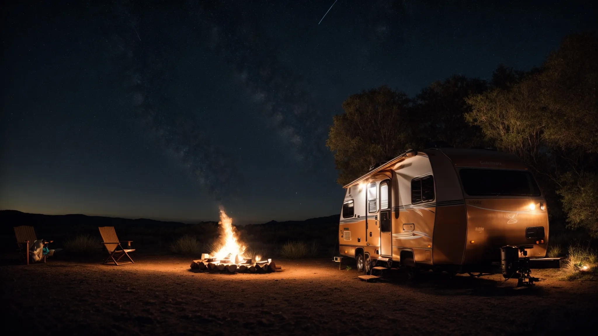 an rv is parked facing a scenic landscape with a campfire nearby under a starry sky.