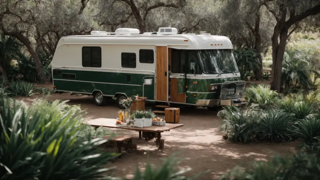 an affordable rv parked amidst the lush greenery of a san diego park, with visitors nearby enjoying a picnic.