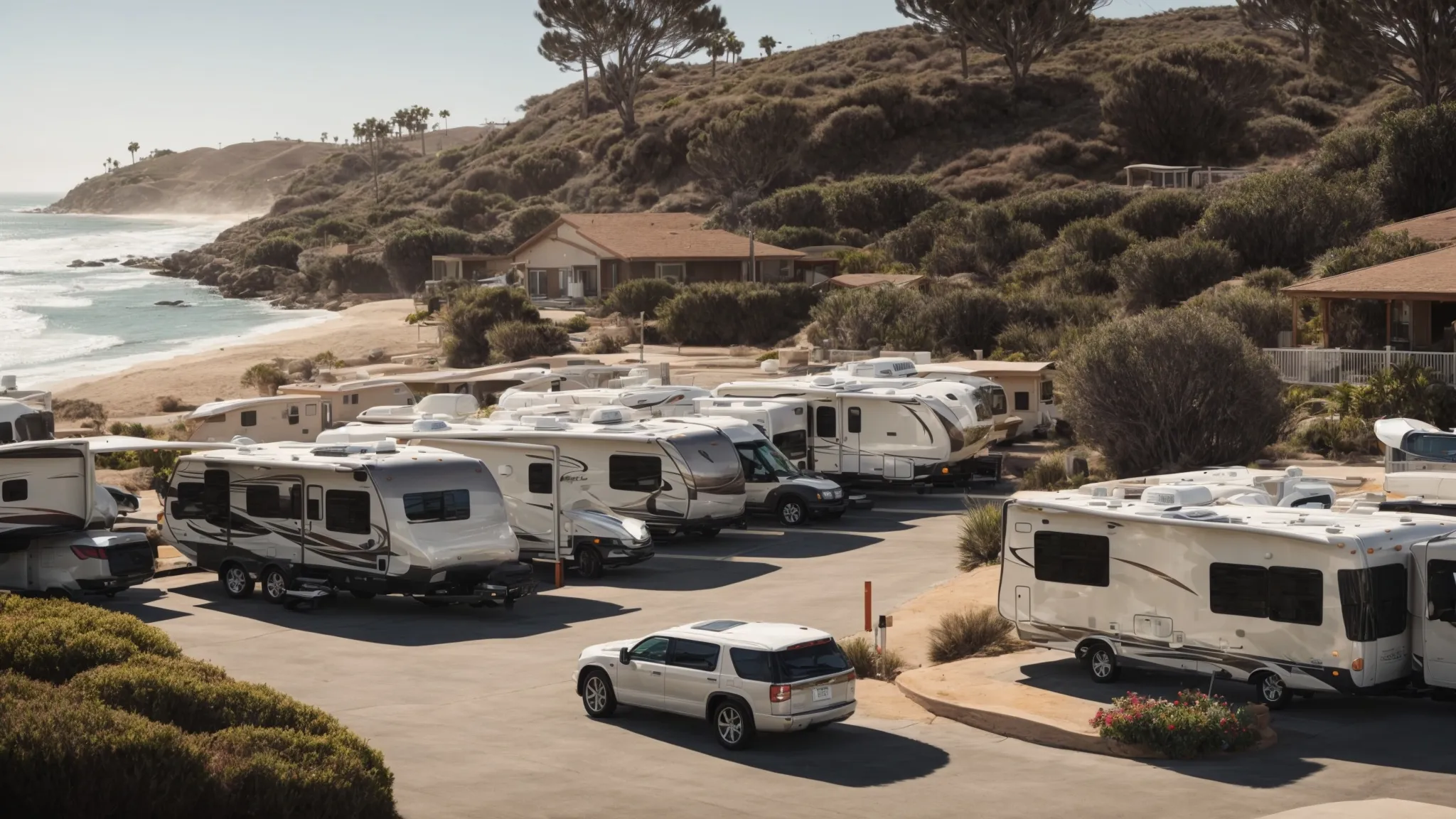 a sprawling rv park by the sea, dotted with modern rentals and ample space where dogs can freely frolic under the san diego sun.