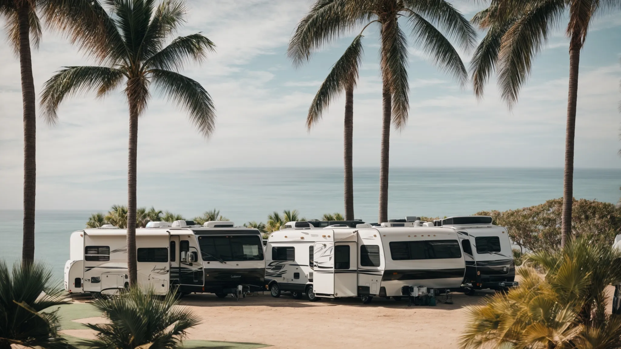 a line of diverse recreational vehicles parked amidst palm trees with a glimpse of the ocean horizon.