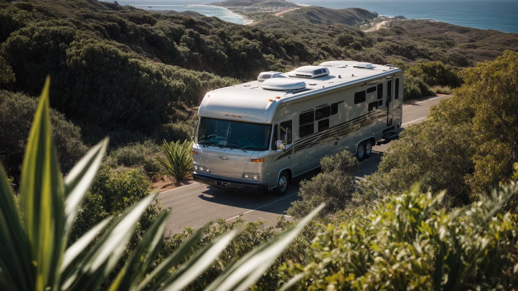 an rv parked amidst lush greenery with a view of the tranquil san diego coastline under a clear blue sky.