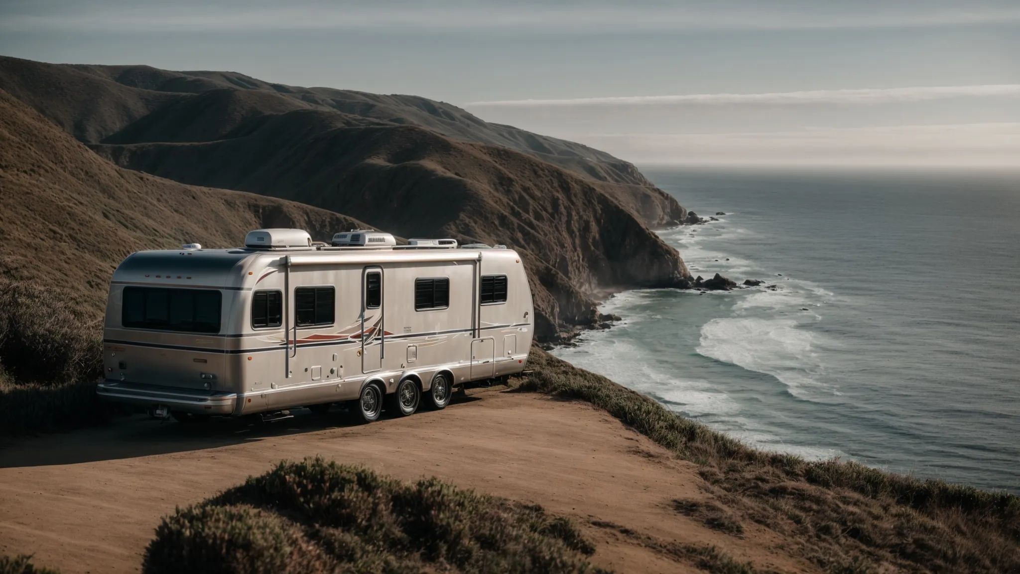 an rv parked amidst panoramic coastal views, with the pacific ocean stretching to the horizon.