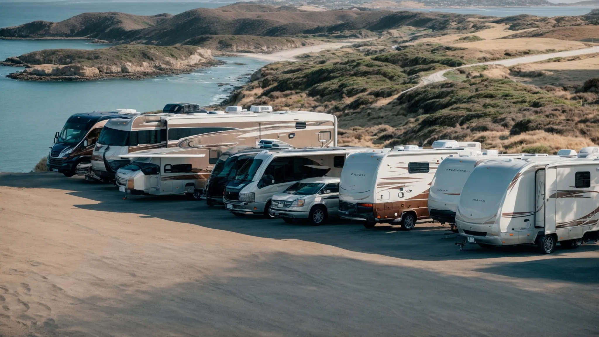 a line of diverse rvs settled against the backdrop of san diego's picturesque coastal landscape, under a clear sky.
