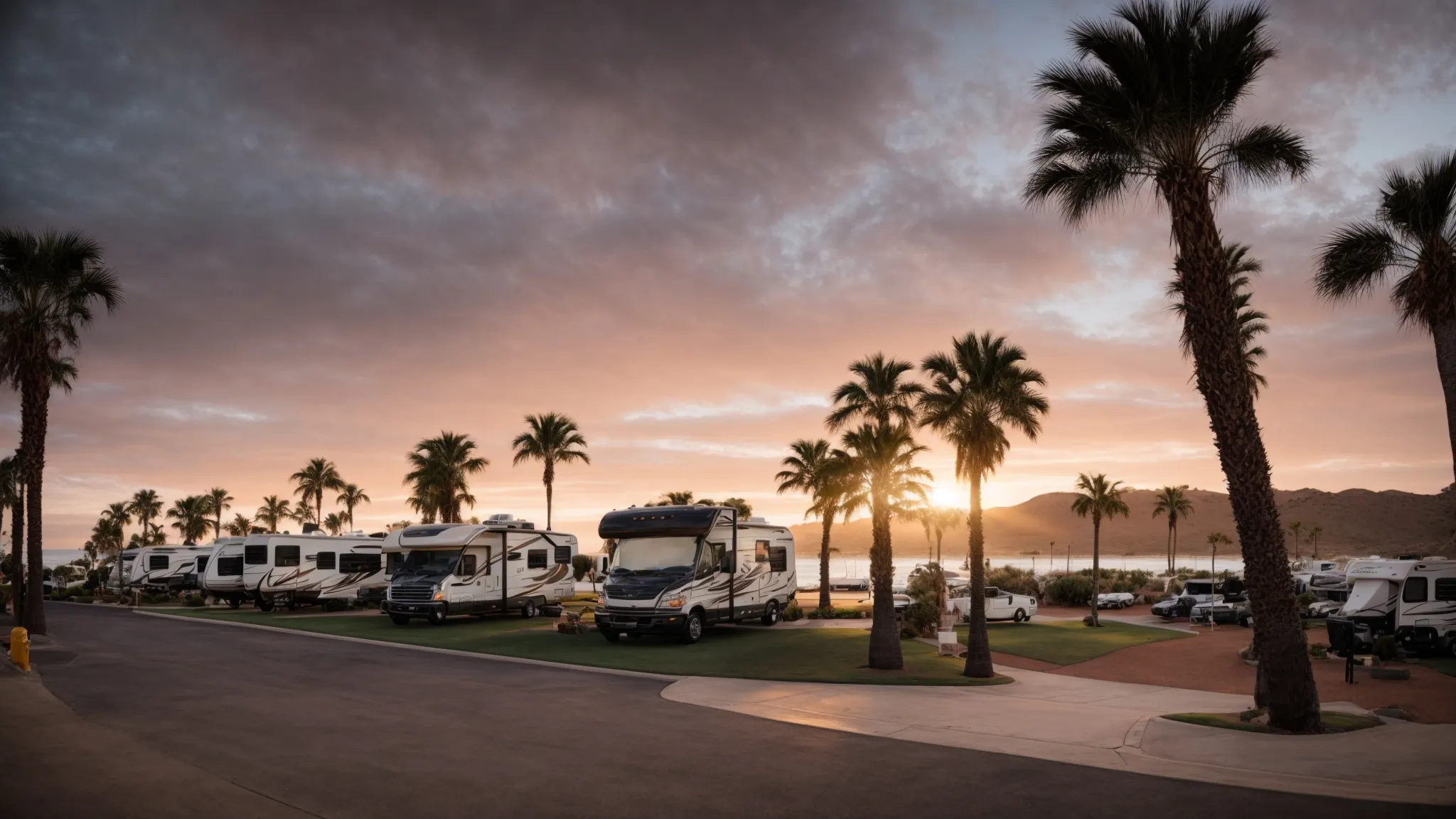 a serene rv park nestled along the san diego coastline, with rvs parked amid palm trees against a backdrop of the setting sun.