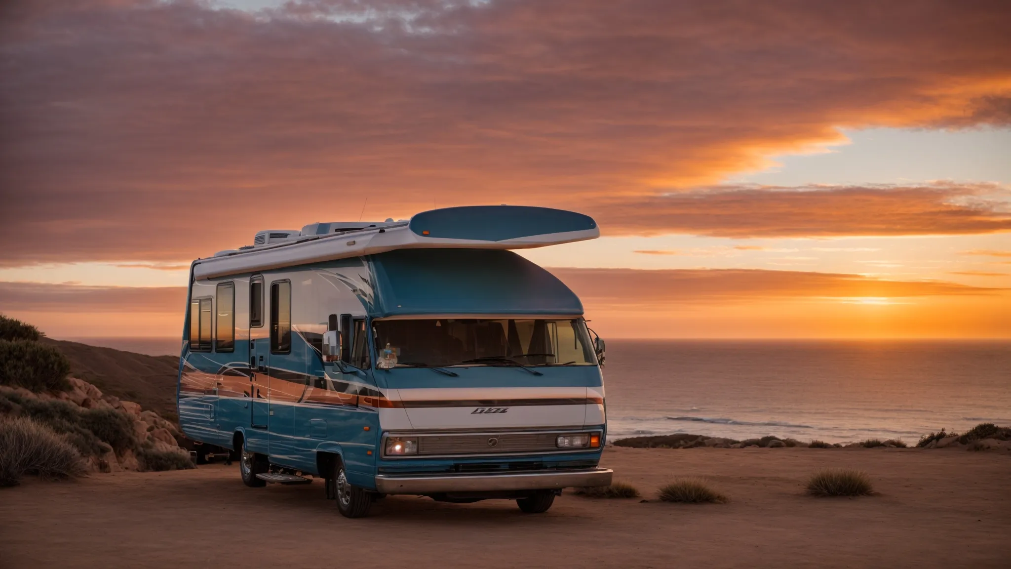 an rv parked beside a scenic coastal view in san diego as the sunset paints the sky with warm hues.