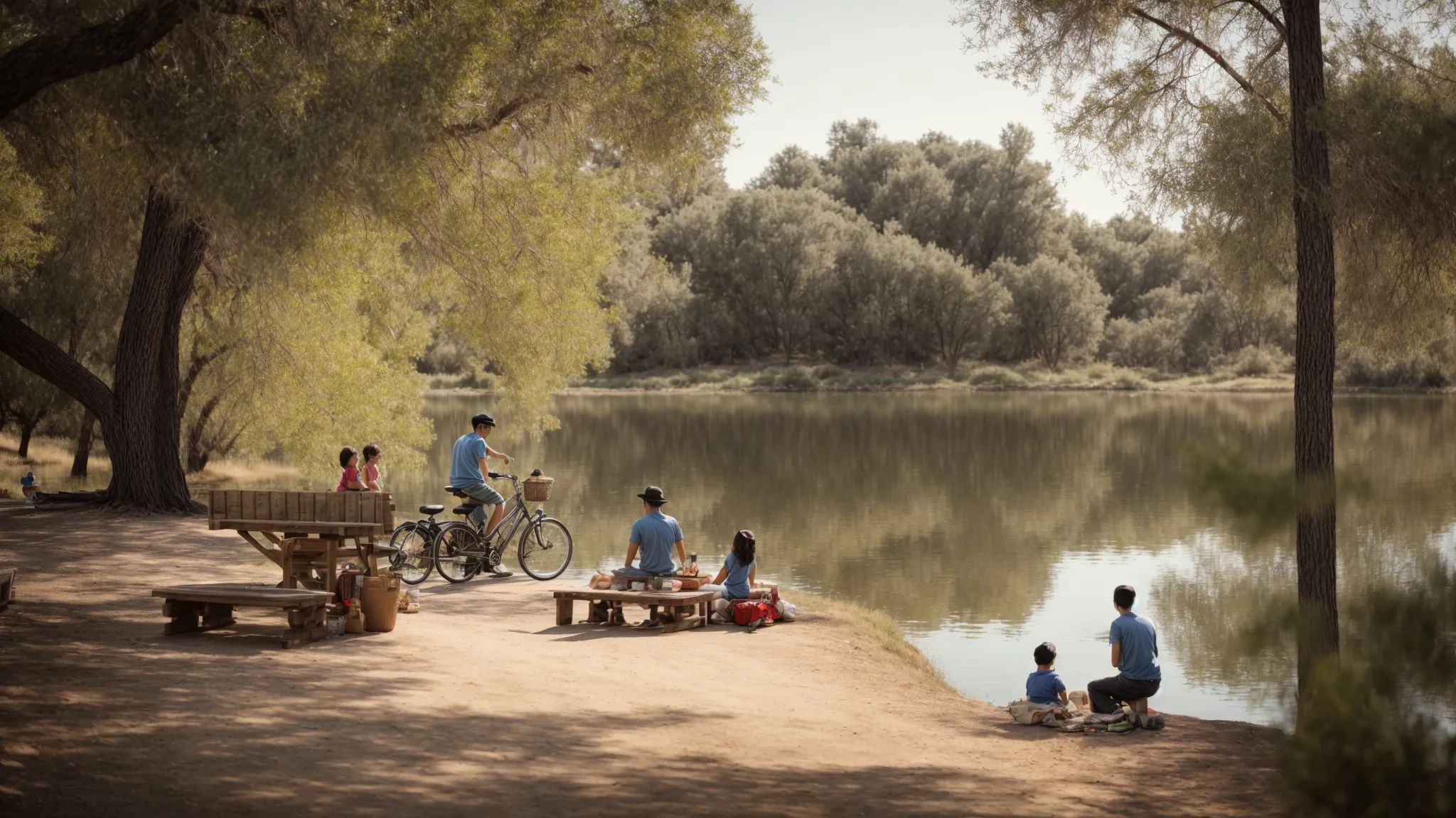 a family relaxes beside a calm lake surrounded by trees with a picnic setup and bicycles nearby at santee lakes recreation preserve.