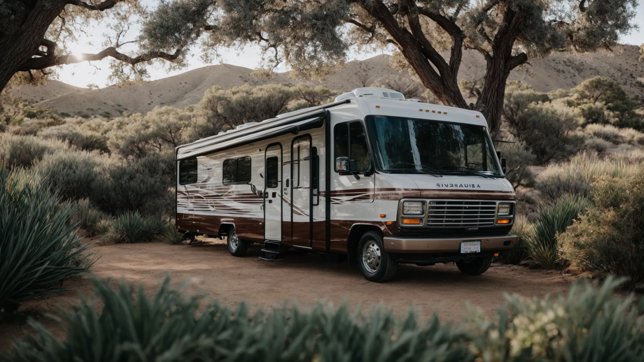 an rv parked amidst a scenic san diego park with expansive views of nature, symbolizing an adventurous yet budget-conscious getaway. 