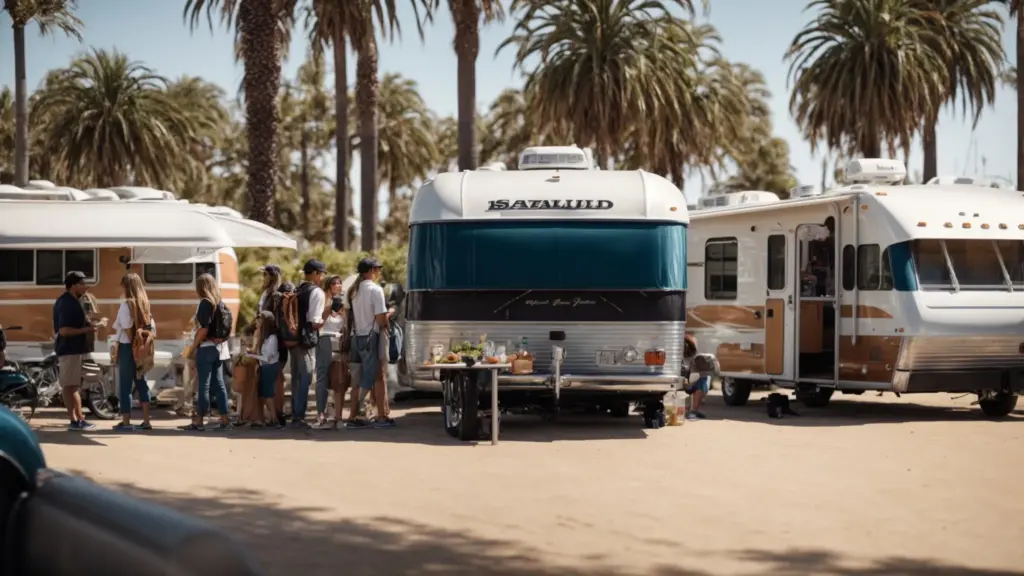 a group of travelers gathers around a guide beside a row of modern rvs nestled in a sunny san diego park with palm trees and amenities visible in the background.